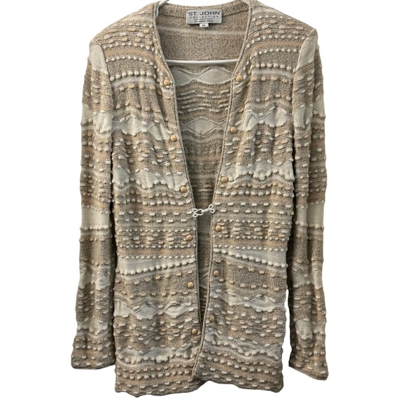 St. John Collection Sweaters - ST‎ JOHN Collection Knit Cardigan Beige White Textured Beaded M Quiet Luxury